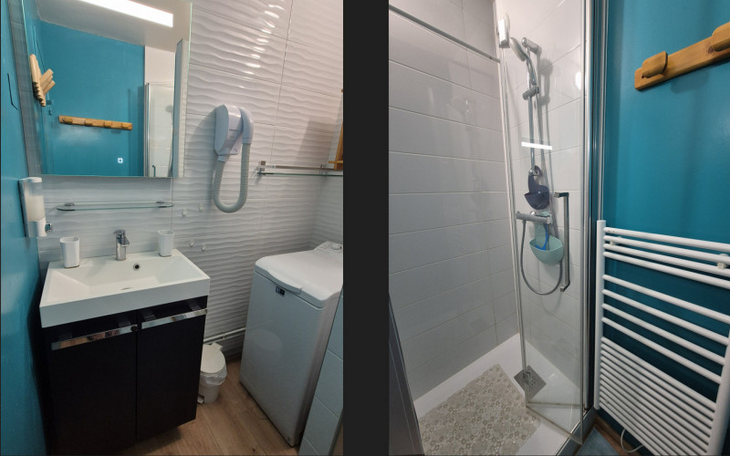 Salle d'eau avec douche, meuble vasque et lave-linge